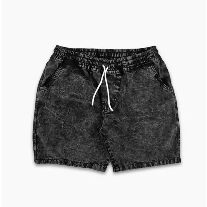 Celana Pendek Jeans Pria Distro Jumbo Jins Cowo Terbaru Tali Kolor Pinggang Karet Snow Hitam