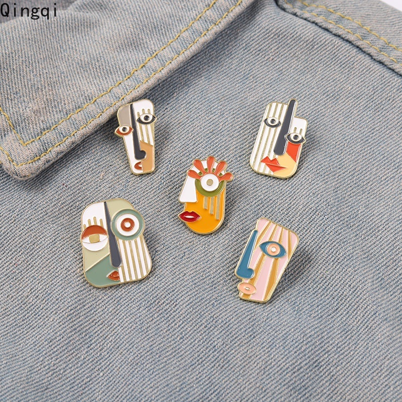 Pin Bros Lencana Bentuk Wajah Abstrak Geometris Bahan Logam Untuk Pria Dan Wanita
