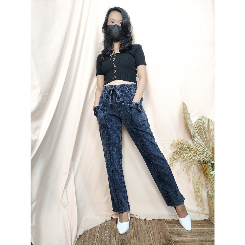 SB Collection Celana Panjang Yennie Jeans Longpants Wanita All Size Tersedia Warna Hitam dan Biru