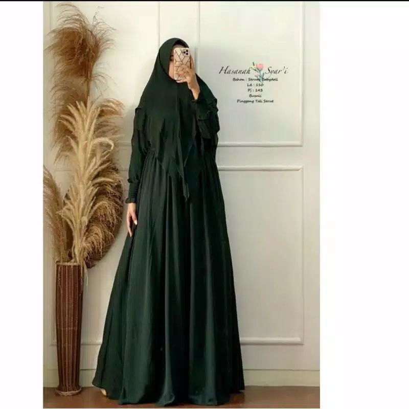 Gamis syari hasanah bahan ceruty baby doll premium full furing / busui / resleting-Hijau botol