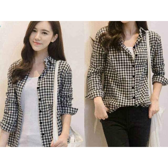 [yuka kotak RO] kemeja wanit katun hitam Casual Lengan Panjang Motif Print Garis Untuk Musim Gu K7K5