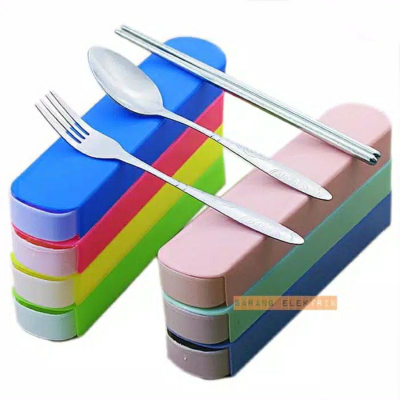 Elmart Sendok Garpu Sumpit Set Stainless 3in1 wadah Travel Picnic SS01