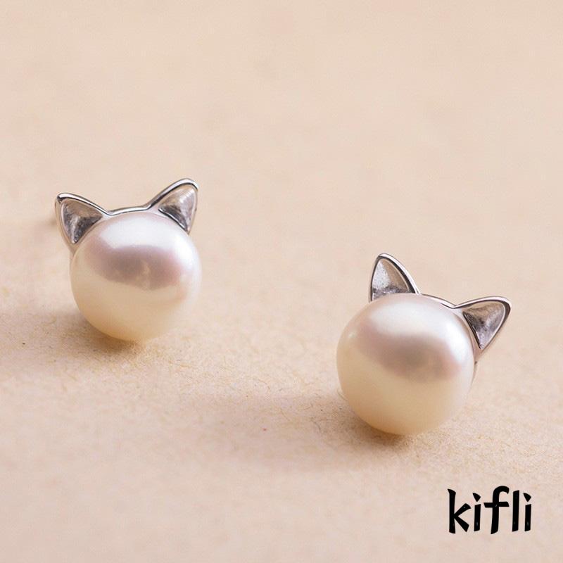 Anting Tusuk Silver 925 Desain Telinga Kucing Lucu Hias Mutiara Imitasi Untuk Wanita (KD)