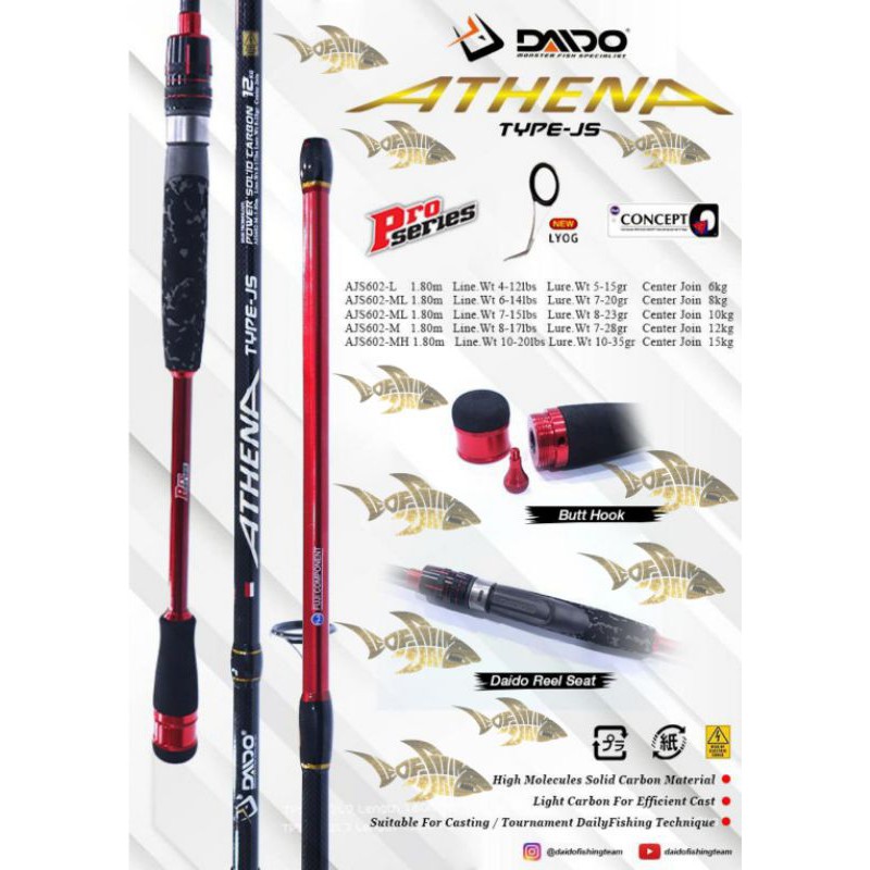 DAIDO ATHENA PRO SERIES JS PANJANG 180CM SOLID CARBON RING FUJI TERSEDIA 8-17LB 10-20LB SUDAH TERMASUK PACKING PARALON DAN BUBBLE