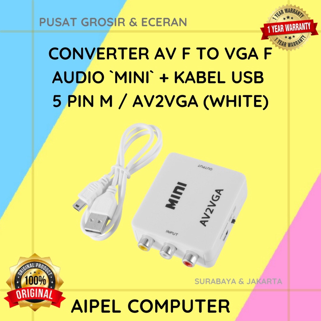 AV2VGA | CONVERTER AV FEMALE TO VGA FEMALE AUDIO `MINI` + KABEL USB 5 PIN MALE / AV2VGA (BLACK / WHITE)