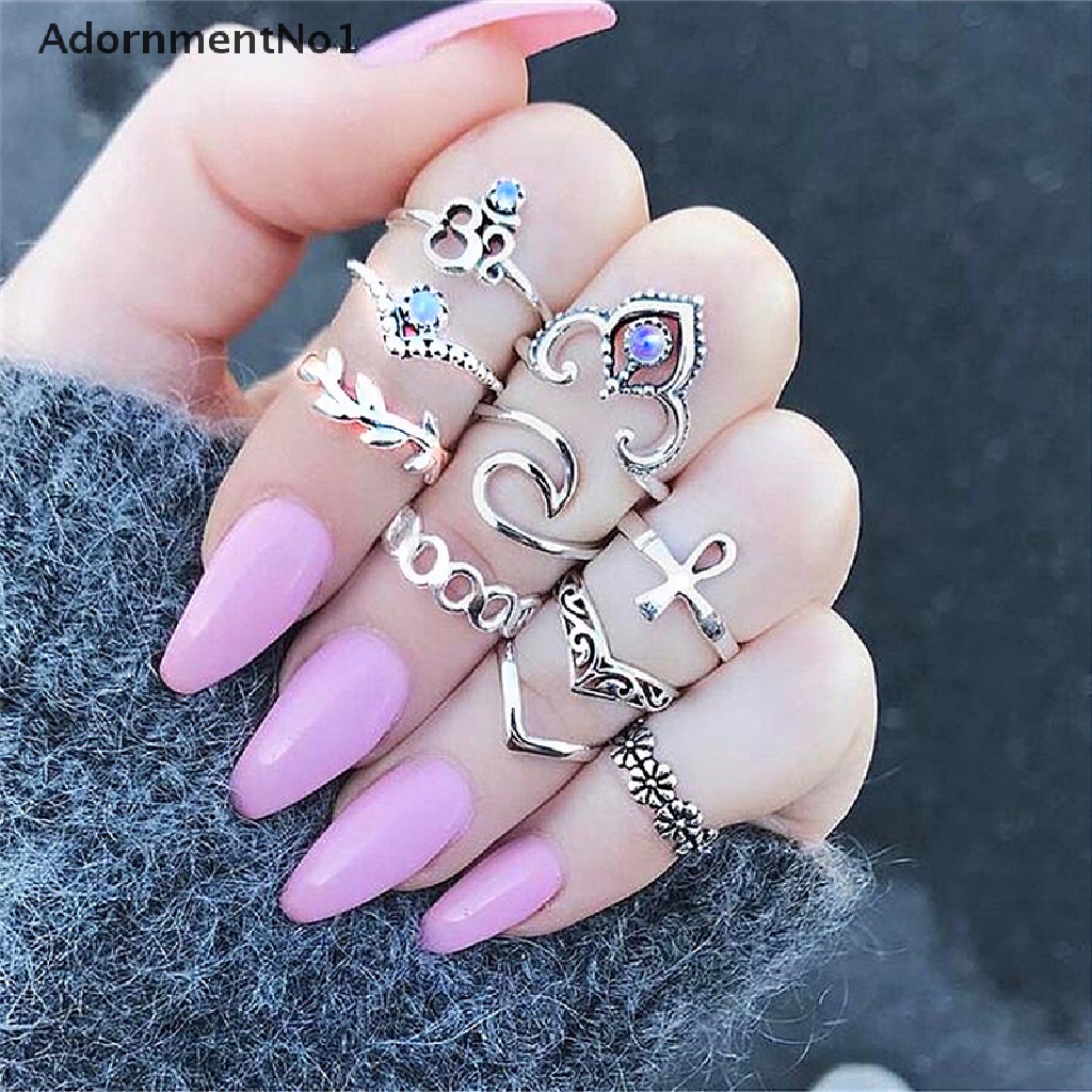 (AdornmentNo1) 10pcs / Set Cincin Knuckle Desain Daun / Geometri / Infinity Hollow Hias Kristal Gaya Unik Untuk Wanita