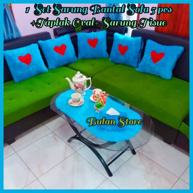 Taplak Meja Kaca Oval Uk 84x40cm 1 Set Sarung Bantal Sopa Kursi Uk 40x40cm Dan Sarung Tisu Bulu Rasf