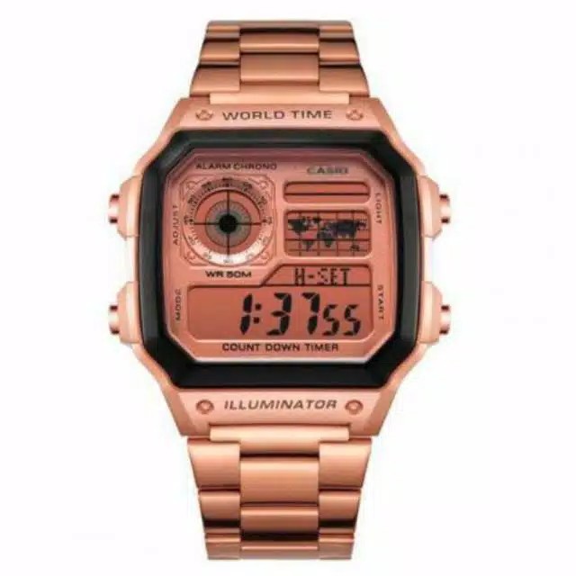 Jam Tangan Pria Korea Style Casio iluminator AE-1200 Rantai Stainlist Steel