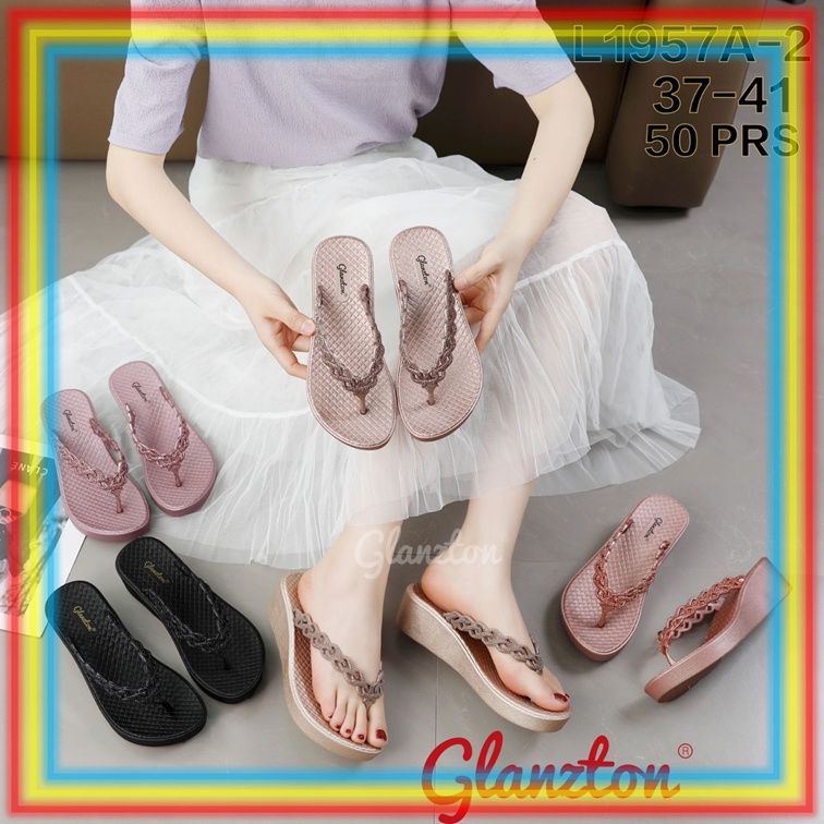 L1957A2 Sandal Wedges Jepit Glitter Motif Tikar Wanita Glanzton Sendal Tali Blink Gliter Model Kepan