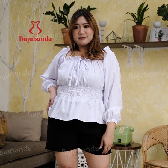 BAJUBUNDA - Atasan Wanita Jumbo Polos Lengan Panjang / Blouse Jumbo / Blus Big Size Wanita / NATALIA TOP-PUTIH