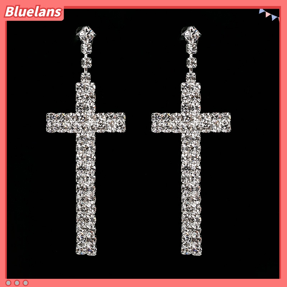 Bluelans Women Rhinestone Cross Pendant Single Double Rows Dangle Eardrop Stud Earrings