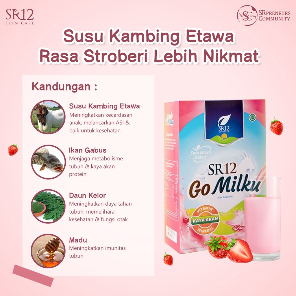 SR12 GOMILKU STROBERI / SUSU KAMBING RASA STRAWBERRY / SUSU KAMBING ETAWA KUALITAS PREMIUM / IMUN BOOSTER