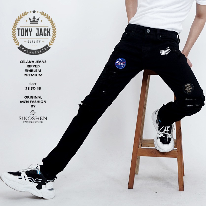 Celana Jeans Pria Sobek Hitam Original TONY JACK model slim fit