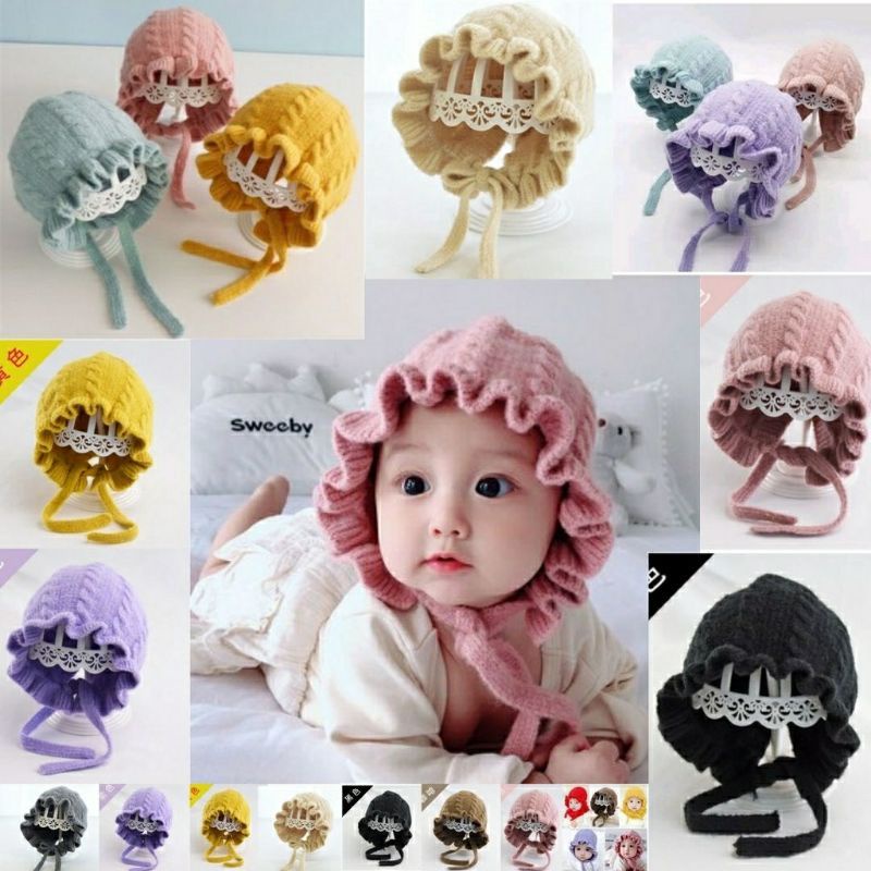 Topi kupluk Bayi Bonnet Ruffle hat baby girl perempuan Rajut