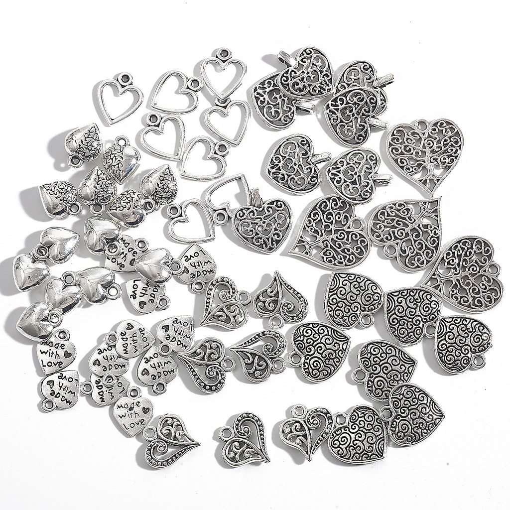 10/20/30/50 PCS Mix Size Alloy Heart Shape Antique Silver color Jewelry Accessories and Components for Making Bracelet Necklace