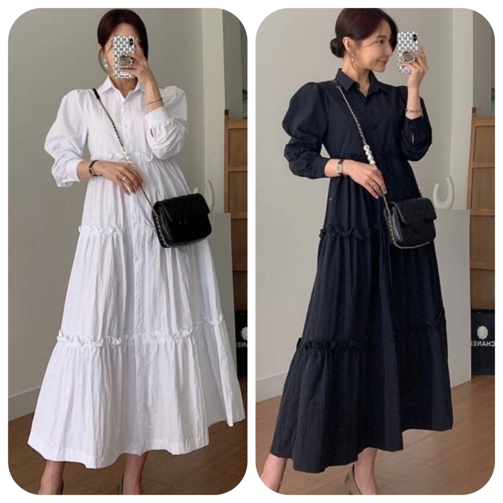 MAXI DRESS WARNA HITAM PUTIH GAMIS KATUN RAYON DRESS BASIC KATUN DRESS RUFFLE BABYDOLL