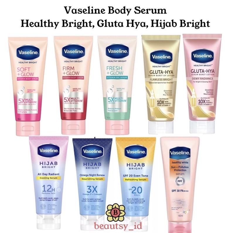 Vaseline Healthy Bright Gluta Hya Soft Glow Vitamin Body Serum Original COD - Gluta-Hya Dewy Radiance Flawless Bright Hijab Radiant Cool Hyaluronic Nourishing Refreshing Sun Pollution Lotion Mencerahkan Memutihkan Brightening Whitening