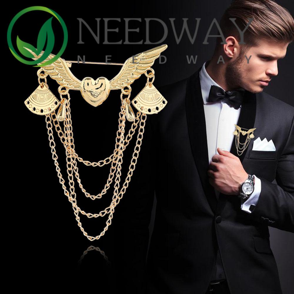 Needway  Men's Suit Jewelry Vintage Brooch Pins Fashion Accessories Chain Heart-Shaped Angle Wing Retro Lapel Pin British Style Brooches/Multicolor