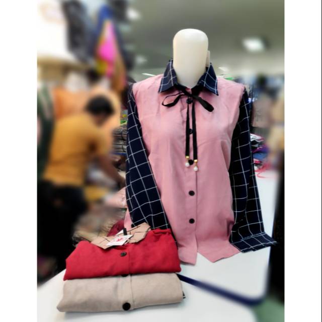 Atasan kemeja remaja wanita full kancing kombinasi kotak kodorai ignite