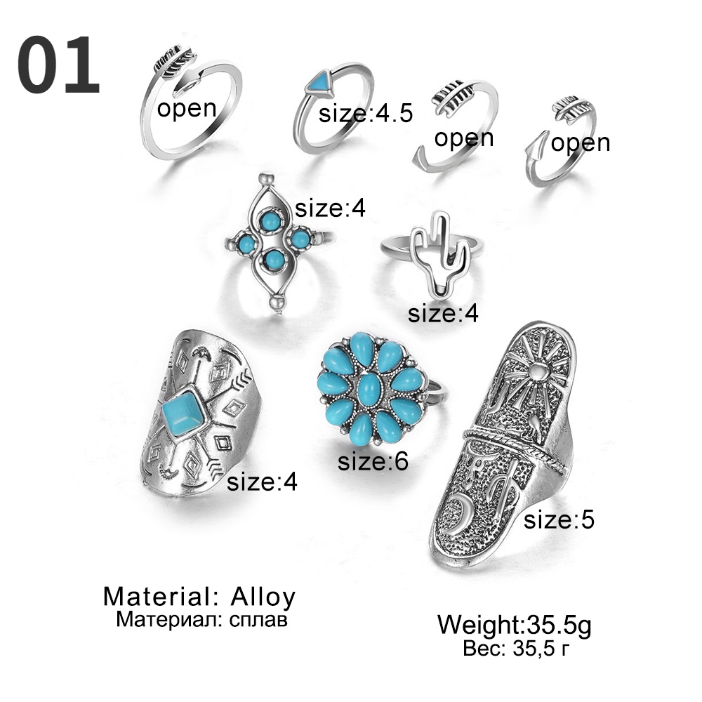 Set Cincin Desain Ular Aksen Kristal Turquoise Hijau Gaya Retro Bohemia Vintage Untuk Wanita