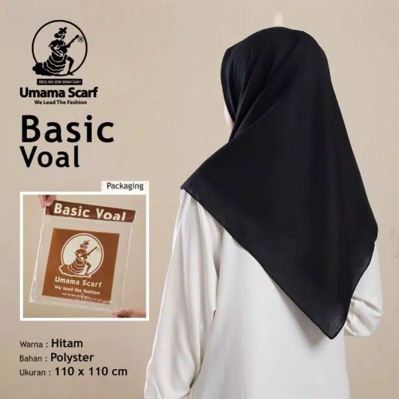 Jilbab UMAMA BASIC VOAL  Original Scarf Jilbab Hijab Kerudung sekolah segiempat seragam kerja polos-Basic Voal Hitam
