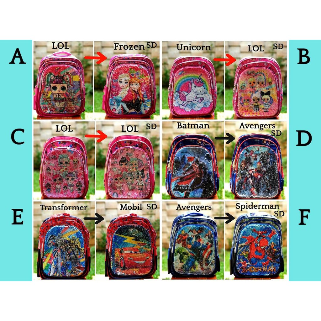 Tas Ransel Anak SD Sequin Usap Rubah Gambar - LOL UNICORN BATMAN CARS ROBOT