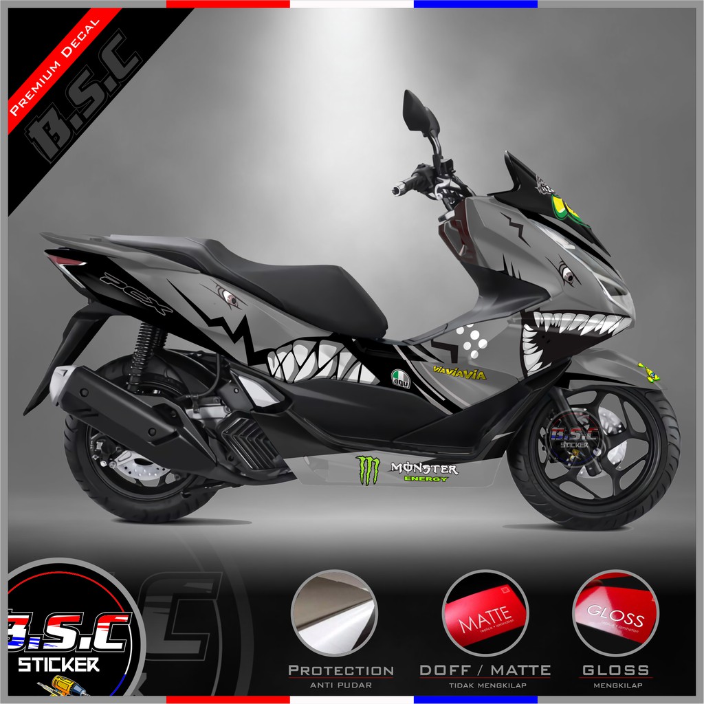 Sticker Motor Stiker Decal FULL BODY All New PCX 160 Motif Shark (Grey)