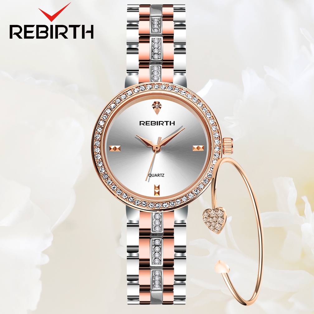 REBIRTH Jam Tangan Wanita Mewah Bisnis Mode Display Kuarsa Tali Stainless Steel Tahan Air Jam Tangan Cewek