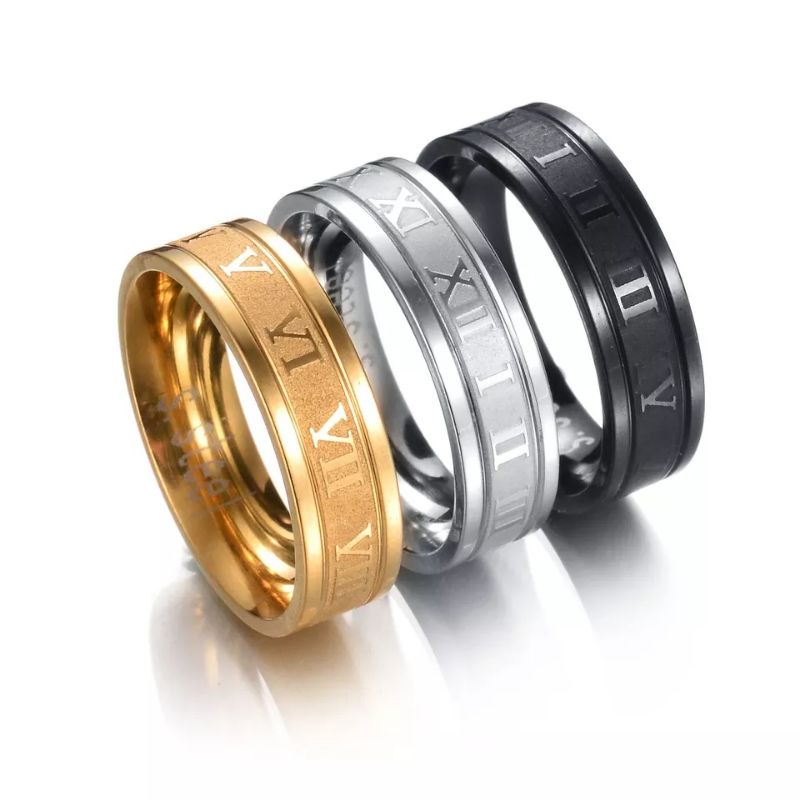 Cincin titanium pria wanita model romawi warna silver/gold/hitam