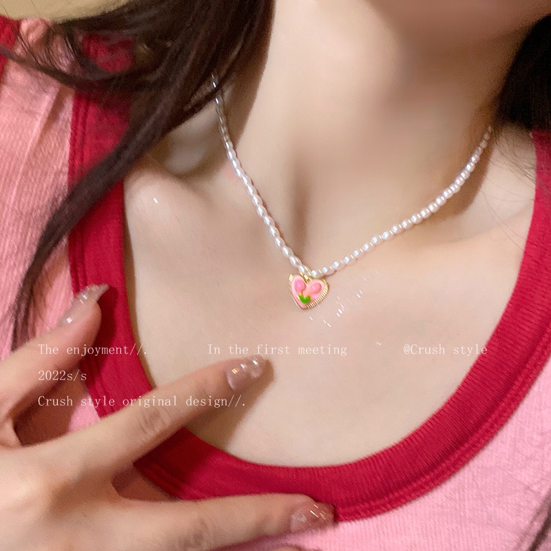 Kalung Rantai Choker Liontin Manik-Manik Mutiara Bentuk Hati Tulip Warna Pink Untuk Wanita