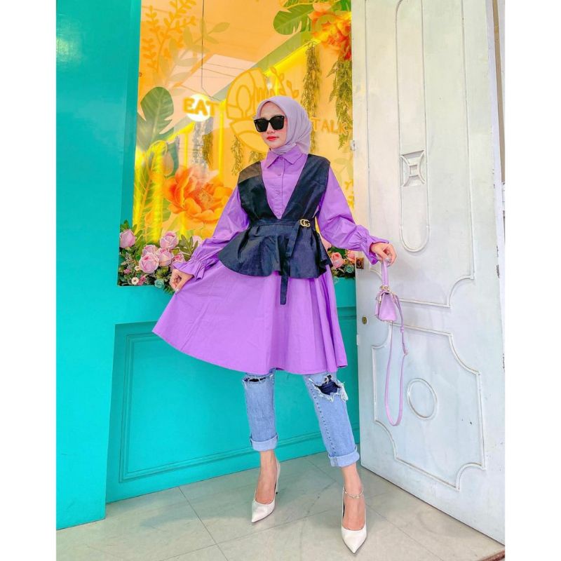 Kara tunim atasan tunik lilac 2in 1 fashion muslim wanita