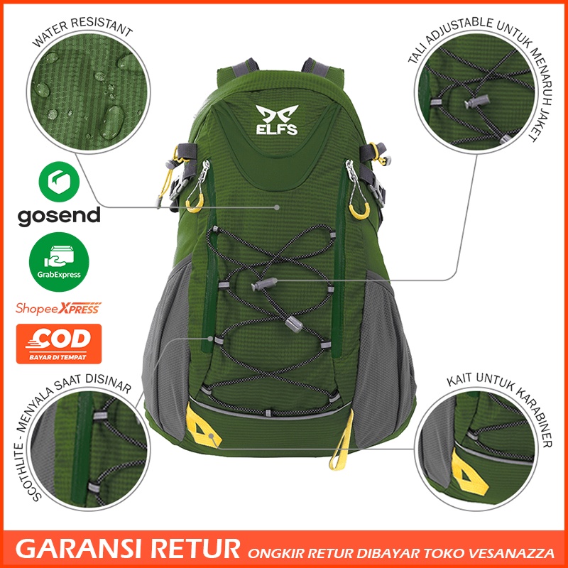 Tas Ransel Gunung Carrier Anti Air 40 Liter Waterproof Ada Peluit Darurat 40L 1127 Hijau