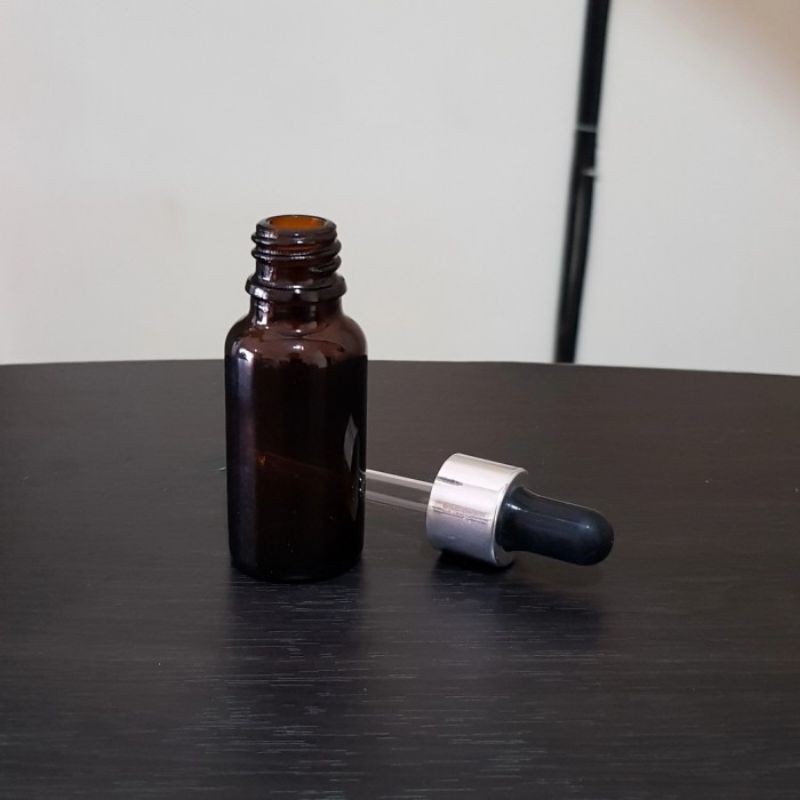 botol kaca pipet 20ml coklat / amber tebal - ring almunium silver