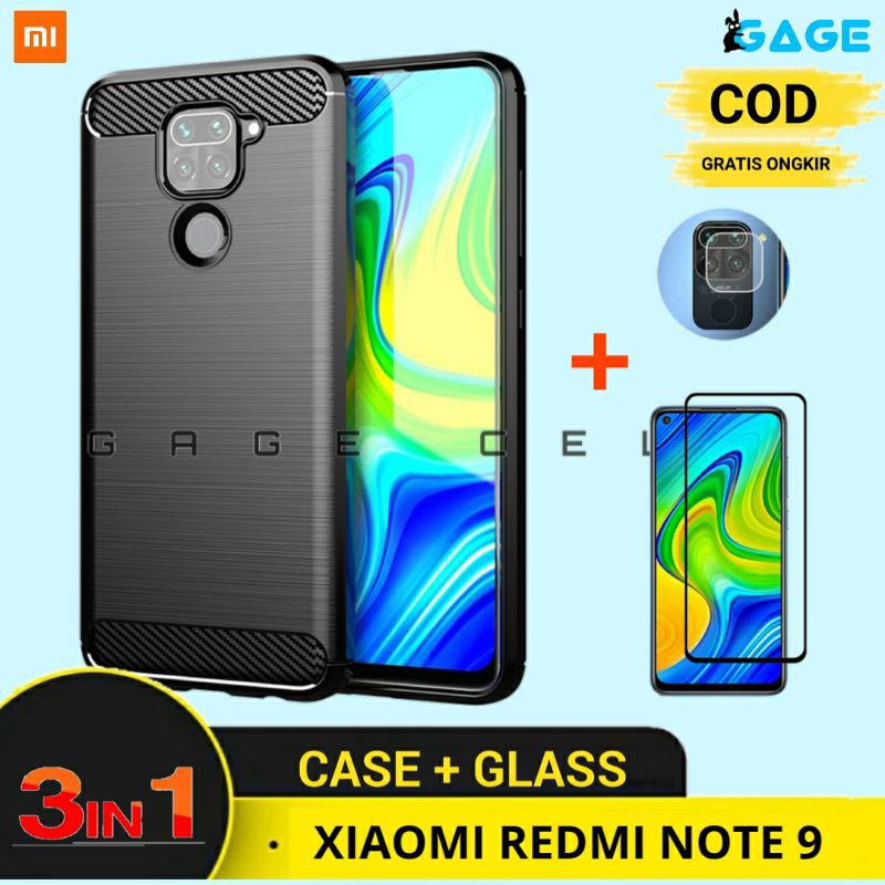 COD-3IN1 Soft Case Karbon Shock Proof Casing Redmi Note 9 Tempered Glass Full Layar Kamera Premium