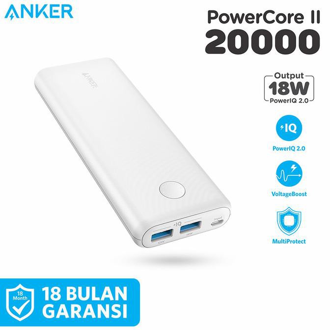 PowerBank Anker PowerCore II 20000 mAh Quick Charge 3.0 Black - A1260 - Putih