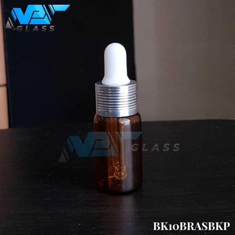 botol kaca pipet 10ml coklat amber - ring almunium silver bergaris