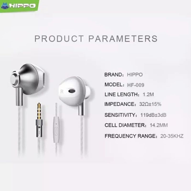 HIPPO HANDSFREE HF-009 EARPHONE METAL MATERIAL SUPER BASS ORIGINAL