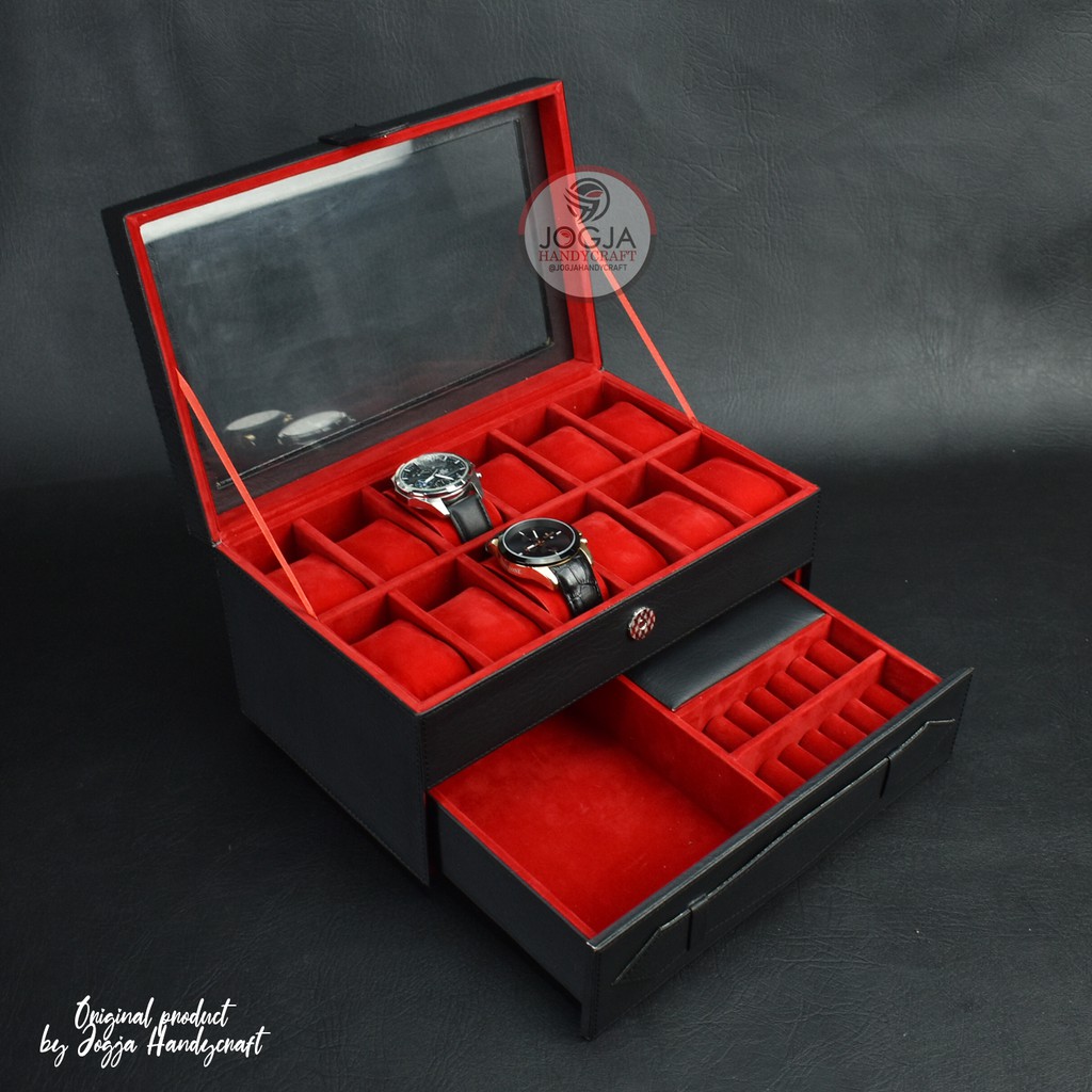 Black Red Kotak Tempat Jam Tangan Isi 12 Laci Perhiasan / Watch Box