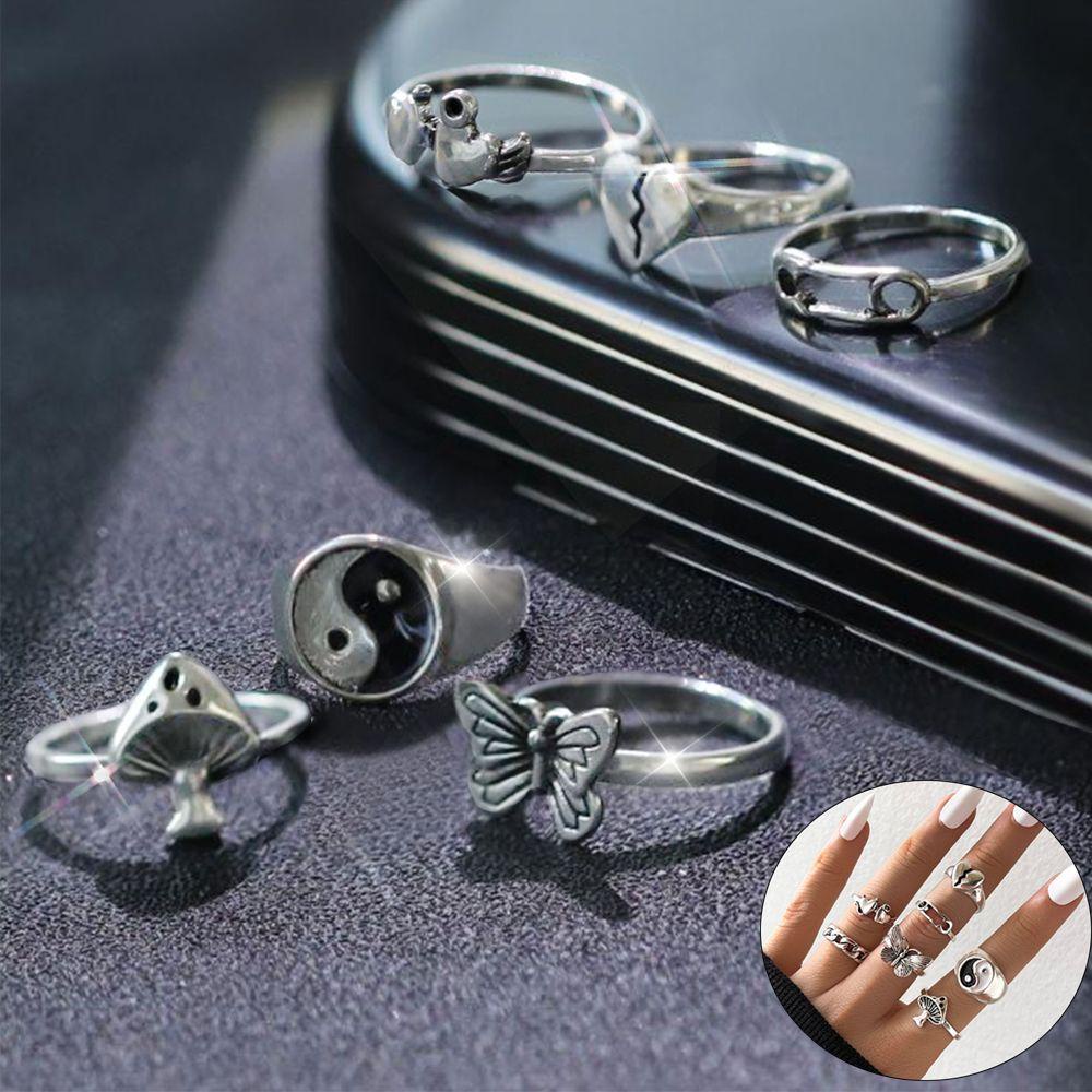 Lily 6Pcs/Set Cincin Retro Set Hadiah Untuk Wanita Pria Pesta Hip Hop Pola Hati