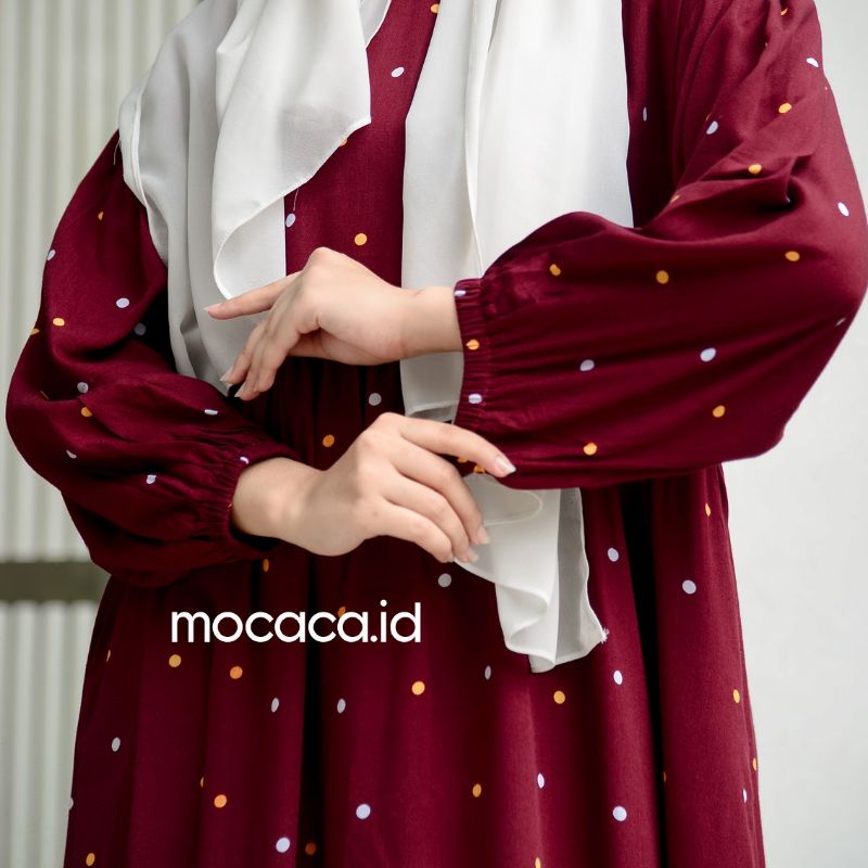 midi dress polkadot merah maroon kuning polka ootd hijab lengan karet kekinian katun rayon adem