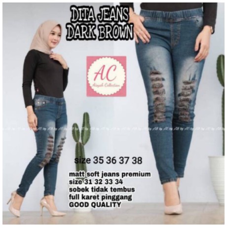 DITA JEANS LEGGING aplikasi sobek tidak tembus (lapis puring) bahan jeans strech [DMAbrown]
