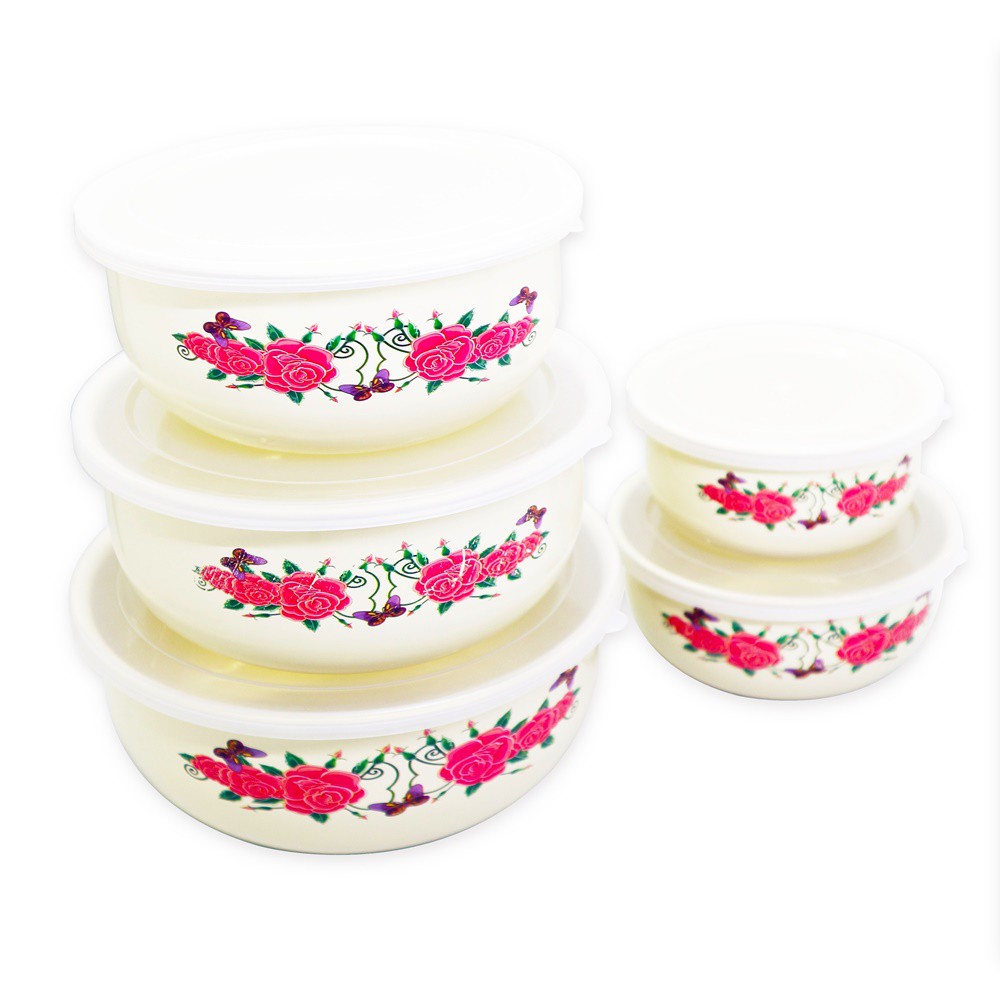 Mangkuk Enamel Mixing Bowl GSF Motif 5 pcs dan Tutup