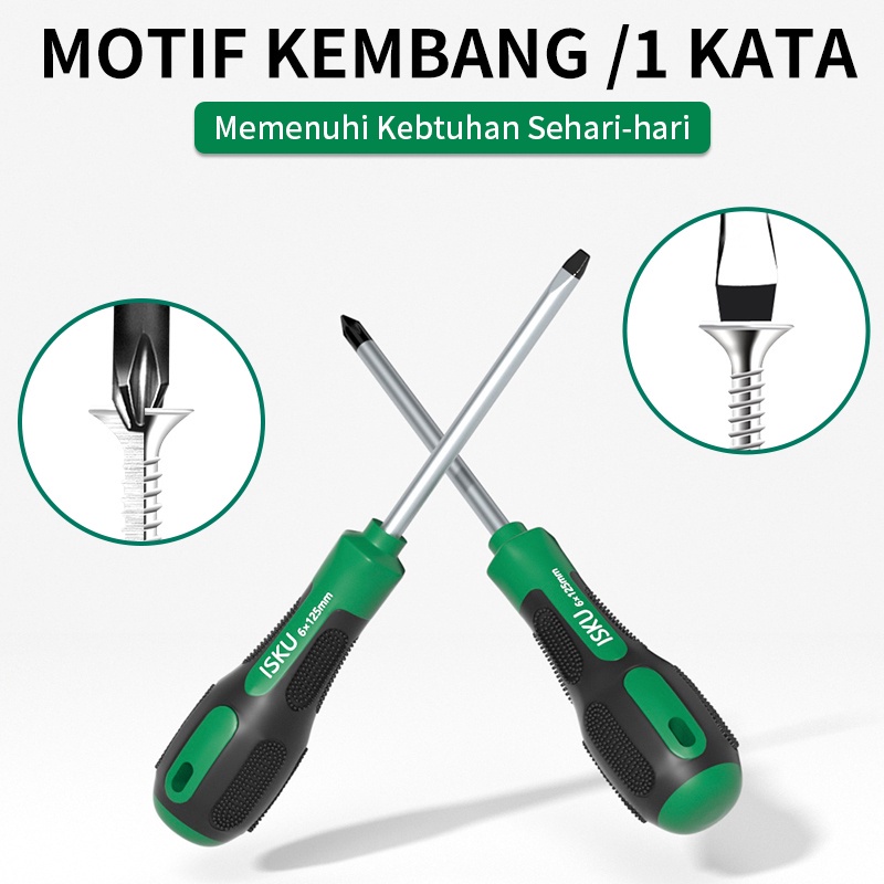 ISKU Obeng Set/Screwdriver Set 2pcs (+)(-) Tip Magnetik Chrome Vanadium Rubber Handle Obeng Set Perbaikan Alat Rumah Tangga