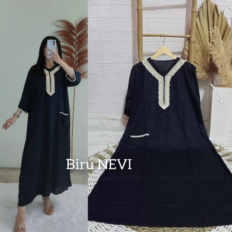 Daster BUSUI Arab Kekinian Tangan 3/4 (aisyah) / Daster Muslim Renda Jumbo LD 120 cm / Daster BUSUI /Daster kekinian /Daster Renda-Biru nevy