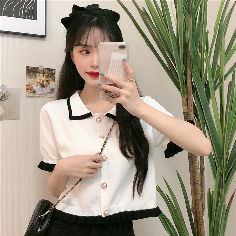 [Diskon Spesial] Crop top rajutan kaos lengan pendek wanita Korea