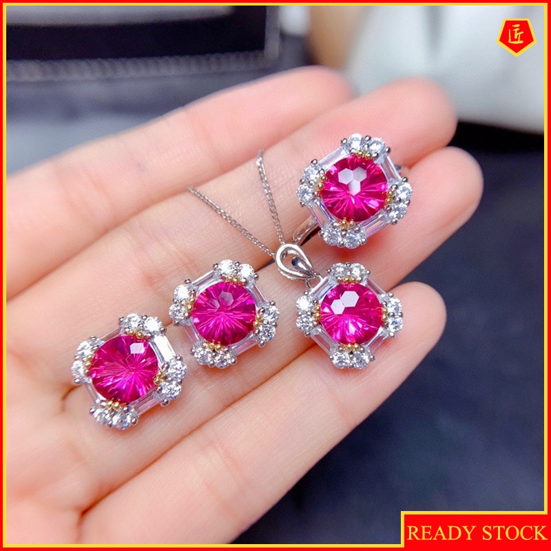 [Ready Stock]Natural Pink Topaz Necklace Set Rings Ear Studs