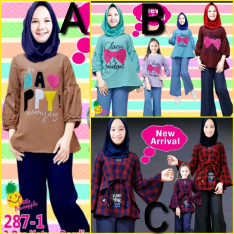 6-10th 284 Little Pineapple Baju Pakaian Set Setelan Muslim Anak Perempuan Cewek Cewe Celana Kulot J
