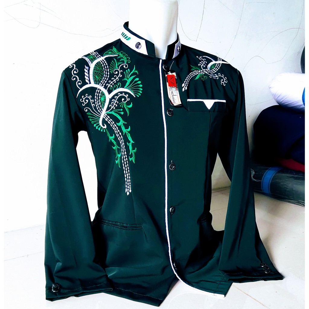 Jasko Dewasa Hijau Botol atau Lumut Lis Putih Bordir / Fashion Muslim / Pakaian Muslim Pria terlaris