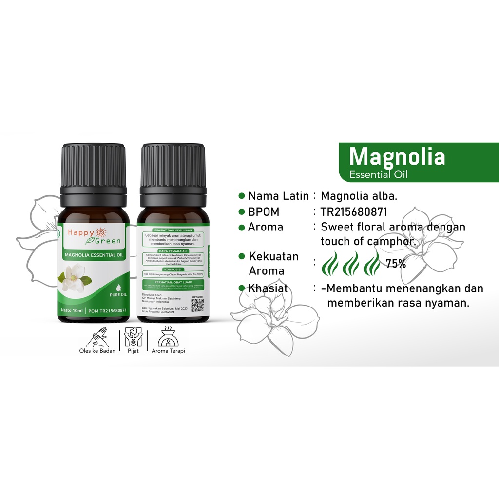 BPOM Happy Green Magnolia Essential Oil  - Minyak Bunga Michelia Alba Cempaka Putih Kantil 100% Murni Garansi Uang Kembali