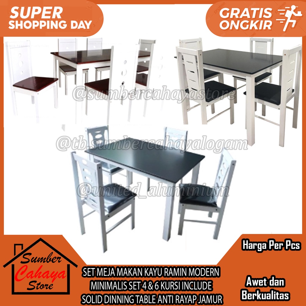 SET MEJA MAKAN KAYU KARET RAMIN MAXI MODERN MINIMALIS SET 4 & 6 KURSI INCLUDE  SOLID DINNING TABLE A